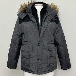 English Laundry Womens Jacket L Charcoal Gray Puffer Hooded Faux Fur Parka READ
